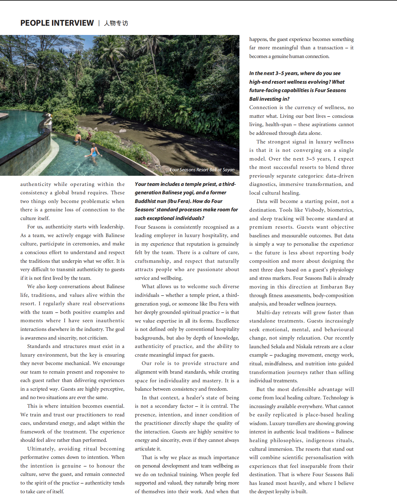 Final page of the SpaChina feature exploring the fusion of data-driven diagnostics and traditional Balinese healing.