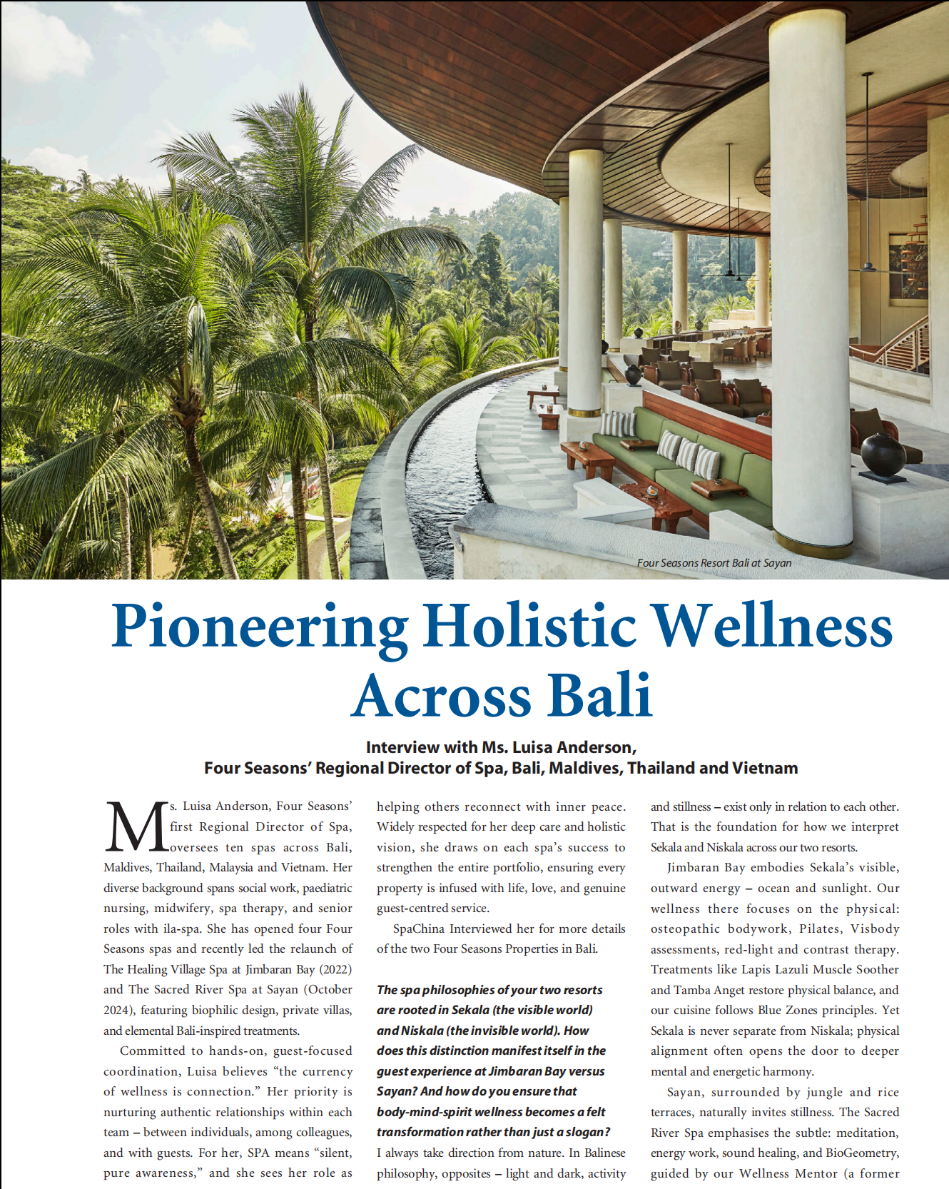 SpaChina magazine interview spread featuring Luisa Anderson, Regional Spa Director at Four Seasons Bali, discussing holistic wellness.