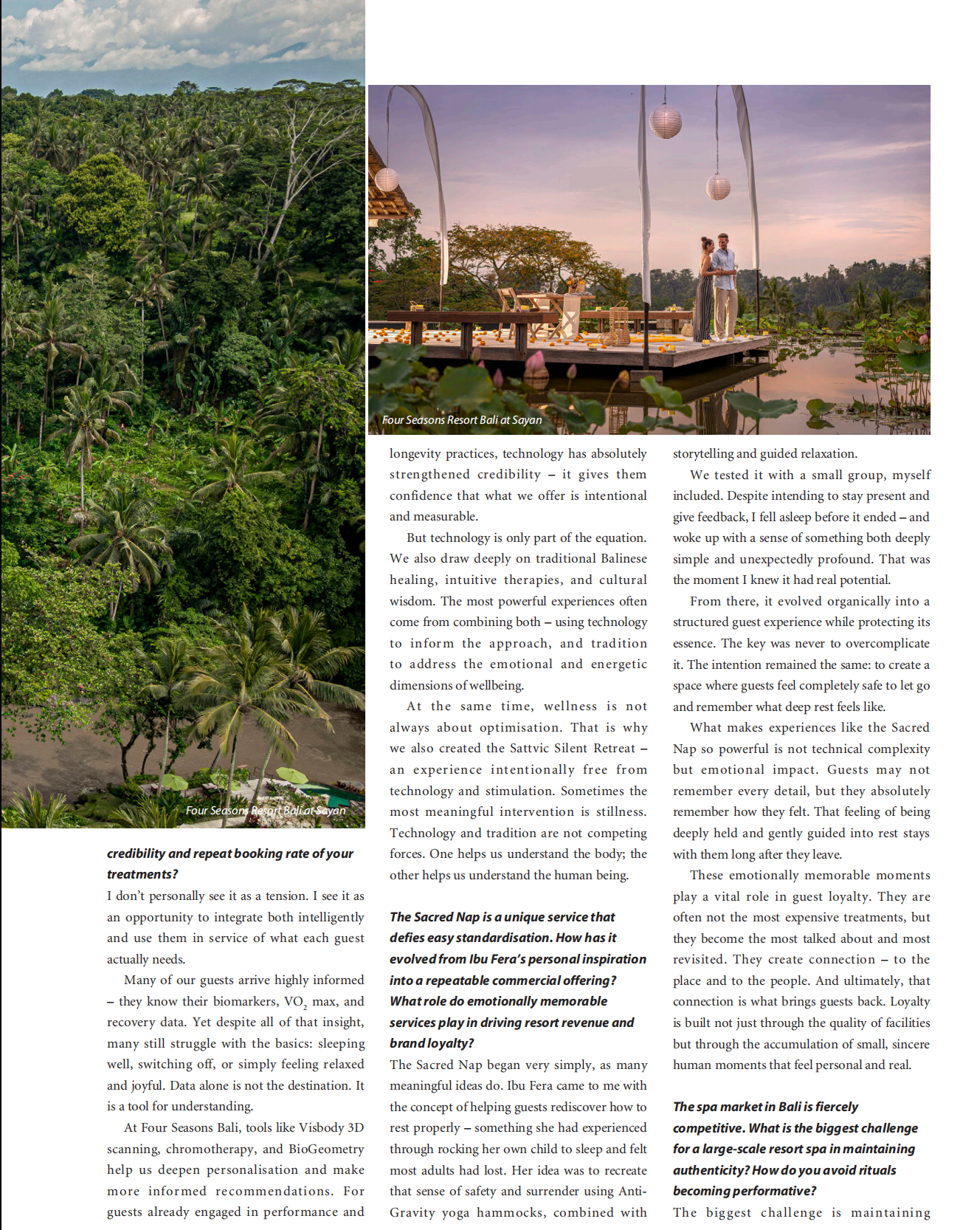 SpaChina interview page showing the serene relaxation area at Four Seasons Bali and discussing the future of wellness technology
